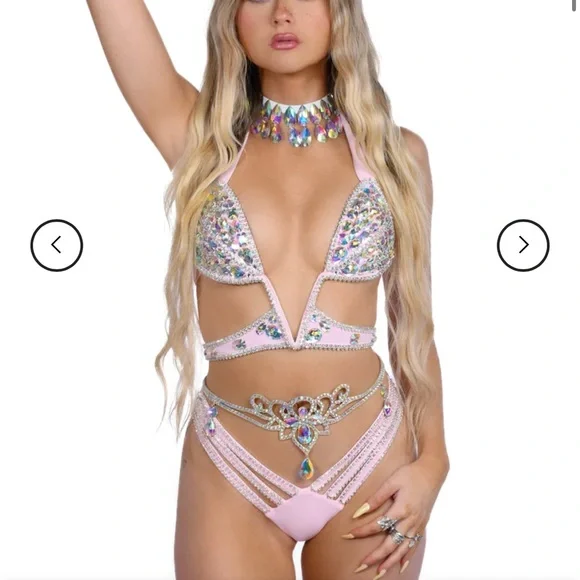 Pink Rhinestone Embellished Bikini/Rave Set - Picture 4 of 4